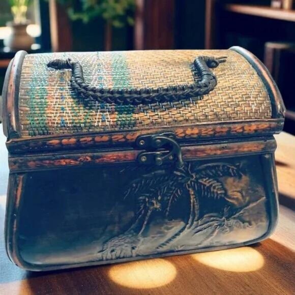 Vintage Wood & Rattan Handmade Purse - Rare - Picture 2 of 7